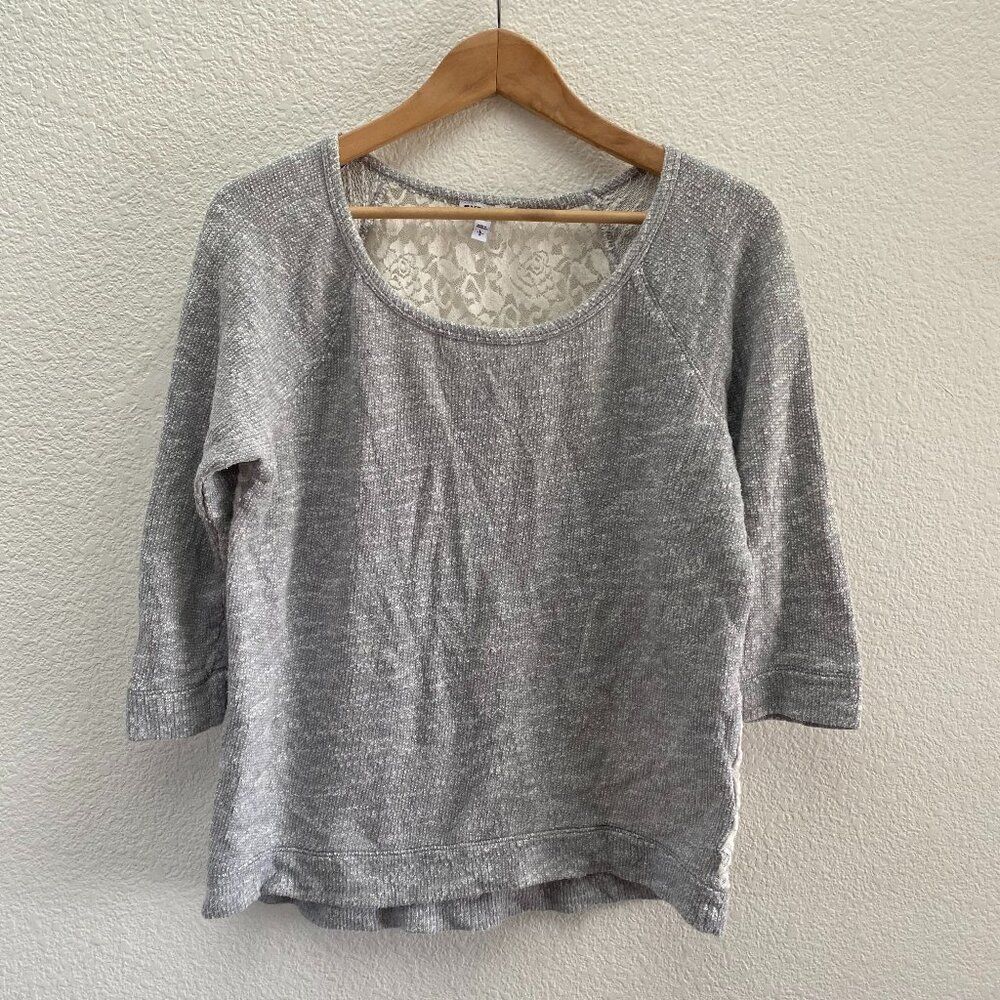 Express Lace Detail 1/2 Sleeve Scoop Neck Knit Sweater Size Large Gray Color